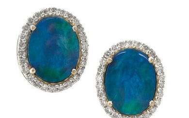Pair of Black Opal and Diamond Earrings