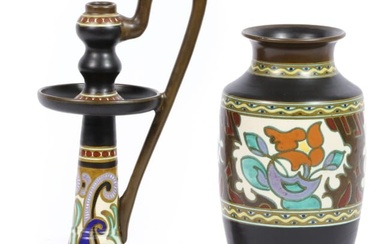 Pair of Gouda Holland art nouveau / art deco hand-painted stylized art pottery vessels: 11 3/4"H x