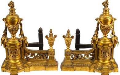 Pair of Louis XVI Style French Gilt Ormolu Bronze Rococo Iron Chenets Andirons
