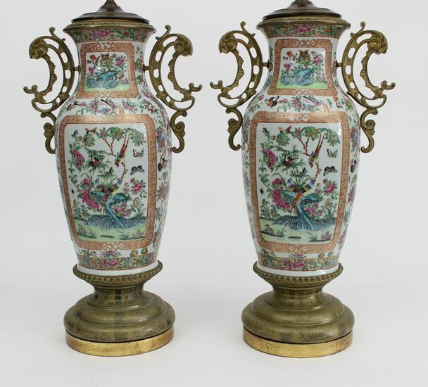 Pair of Ormolu Mounted Chinese Export Famille Rose