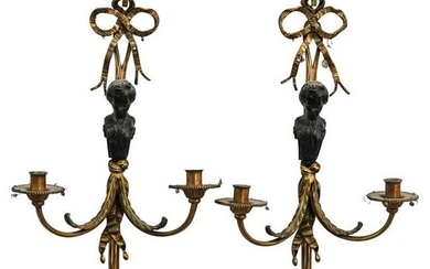 Pair of Signed Bronze Figural Sconces