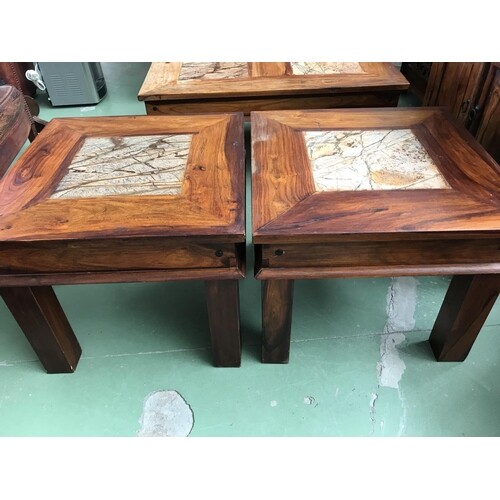 Pair of Solid Wood Embedded Sheesham Side Tables (60 x 60 x ...
