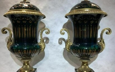Pair of amber and cobalt crystal and marble vases