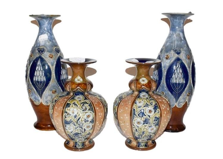 Pair of blue glaze Royal Doulton vases and a smaller...