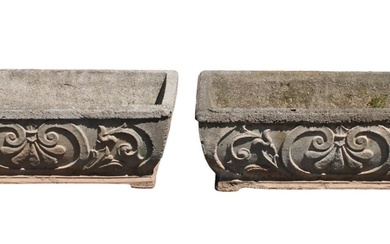 Pair of cast stone trough planters