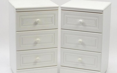 Pair of cream painted three drawer bedside chests, 79cm