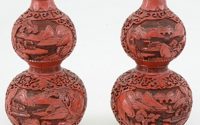 Pair of double gourd vases. China. Cinnabar decoration.