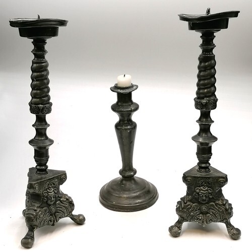 Pair of pewter pricket candlesticks t/w antique pewter candl...