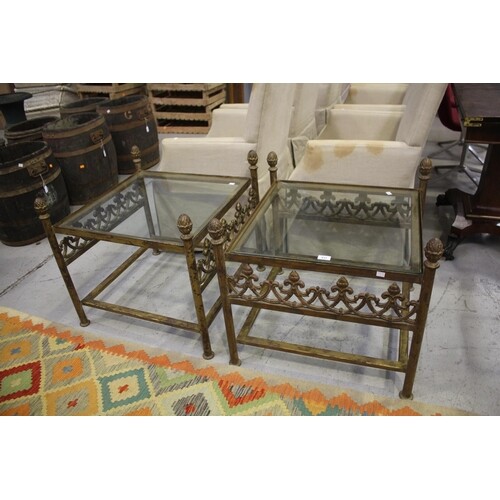Pair of quality square glass inset lamp or side tables, tabl...