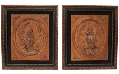 Pair of wood carved bird relief plaques