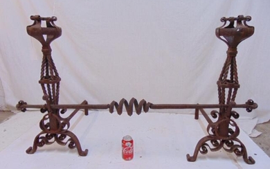 Pair wrought iron arts & crafts andirons with crossbar