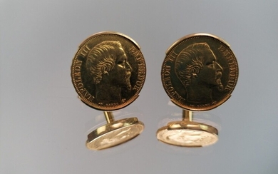 Paire de boutons de manchettes en or jaune ornés de 2 pièces de 20F or....