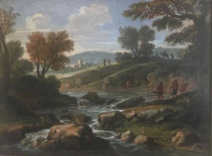 Paolo Anesi - Paesaggio fluviale con pescatori