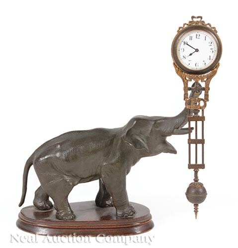 Patinated Metal Figural Swinging Clock