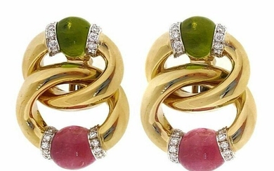 Peridot & Pink Tourmaline & Diamond Link Earrings 18k