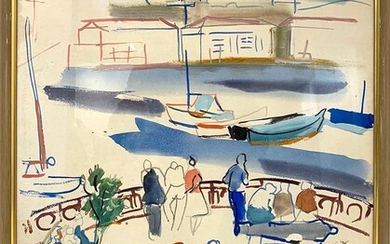 Pierre AMBROGIANI (1907-1985) Bord de mer animé Aqurelle signée en bas à gauche 64 x...