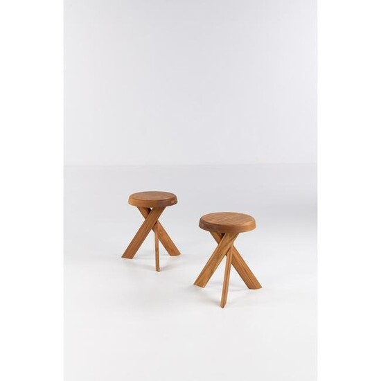 Pierre Chapo (1927-1987) Model S31 Pair of stools Elm wood Debossed stamp, 'Meubles CHAPO Gordes
