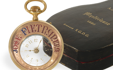 Pocket watch: unique, extremely rare "Mysterieuse" in gold with enamel decoration, original box