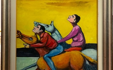 Pompeo Borra "Uomini e cavalli" 1969 olio su tela cm 80x60 firmato in basso a si