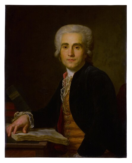 Portrait of Dr. Jean-Louis Baudelocque, half-length, seated at a table with an open book, Antoine Vestier