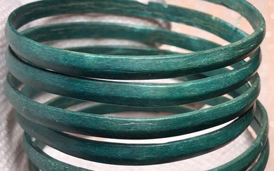 Prehistoric, Bronze Age Bronze Fascinating Spiral Bracelet with a Beautiful Blue-Green natural ''Glass'' Patina