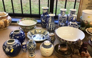 Quantity of antique and later Chinese porcelain, including Canton bowl and dish, blue and white prunus jars, etc, together with other Chinese objects