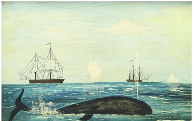 R. Costa Oil on Panel Folk Art Whale with Ships