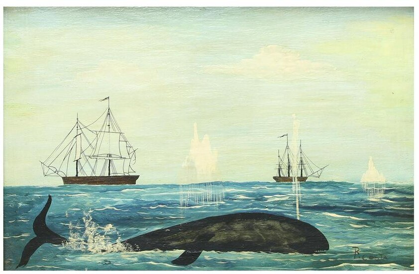 R. Costa Oil on Panel Folk Art Whale with Ships