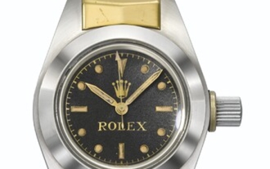 ROLEX. AN EXCEPTIONALLY HISTORICALLY IMPORTANT STAINLESS STEEL AUTOMATIC EXPERIMENTAL WRISTWATCH WITH SWEEP CENTRE SECONDS ESPECIALLY CONSTRUCTED FOR DEPTH PRESSURE TESTING PURPOSES, WITH A STAINLESS STEEL AND GOLD ROLEX BRACELET