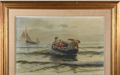 ROUSSEL Charles. (1861-1936). « Les pêcheurs posant l’ancre ». Toile signée. H.65 L.92.