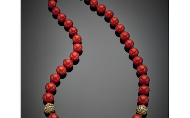 Red coral graduated bead necklace with two yellow gold diamond bead clasps, bead diam. from mm 10 to mm 16...