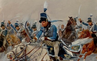 Richard Caton Woodville, Jr. (British 1856-1926), The Last Charge at Corunna, Ontario, Oil on Panel, 16 x 12-1/2 inches