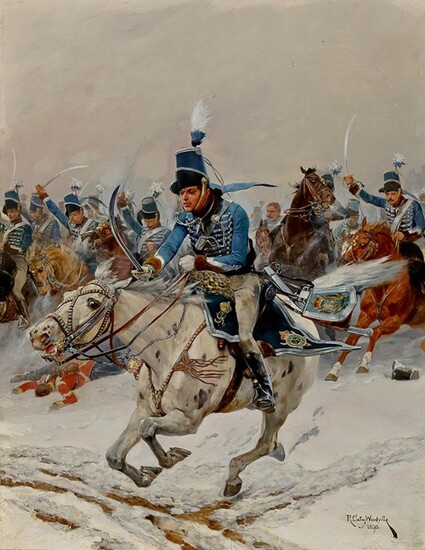 Richard Caton Woodville, Jr. (British 1856-1926), The Last Charge at Corunna, Ontario, Oil on Panel, 16 x 12-1/2 inches