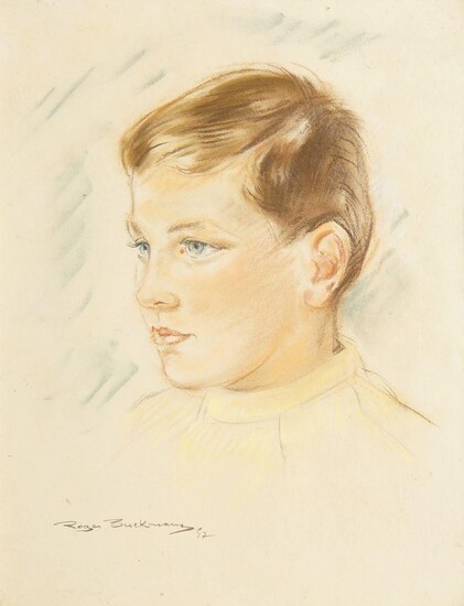 Roger Berckmans, Belgian, act. 1920s-1930s- Portrait of a boy, turned to the left; coloured chalks, signed and dated lower left, 33.5 x 26 cm (ARR)