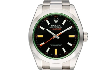 Rolex Reference 116400GV Milgauss | A stainless steel automatic antimagnetic wristwatch with green sapphire crystal and bracelet, Circa 2008