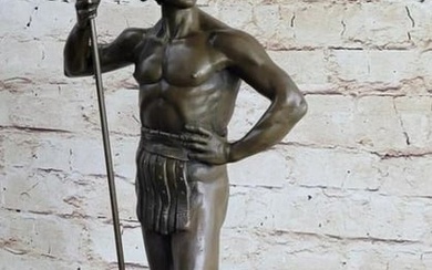 Roman Gladiator Warrior and Lion Signed Original Nude Bronze Sculpture on Marble Base - 21" x 13"