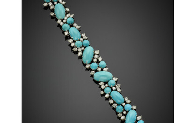 Round and pear shaped diamond with oval turquoise white gold bracelet, diamonds in all ct. 8.20 circa, g 58.87 circa,...