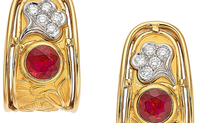 Ruby, Diamond, Gold Earrings Stones: Round-cut rubies weighing a...