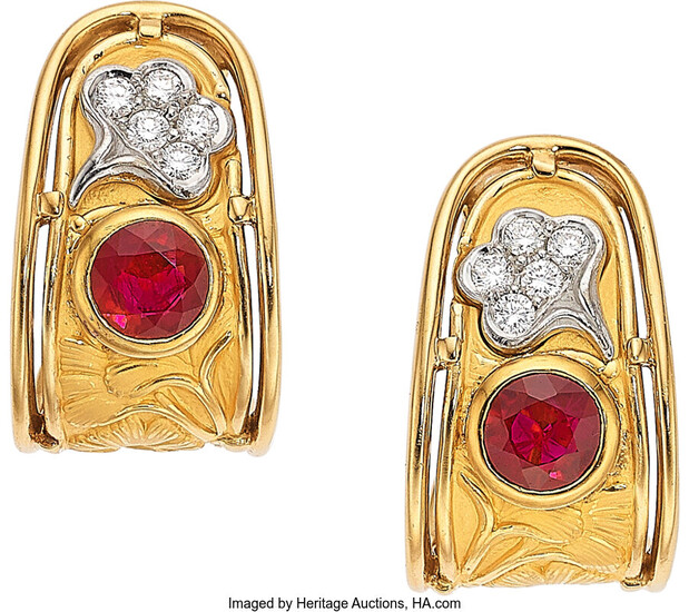 Ruby, Diamond, Gold Earrings Stones: Round-cut rubies weighing a...