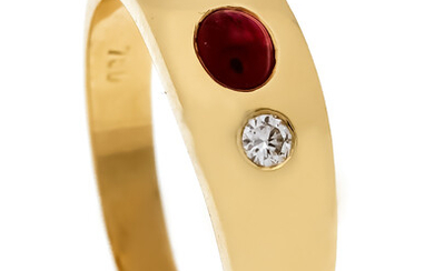 Ruby-diamond ring GG 750/000 with an oval ruby cabochon 4.5 x 3.5 mm in very good color and 2 brilliant-cut diamonds, total 0.12 ct TW / VVS, RG 50, 6.0 g