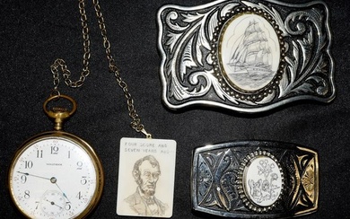 SCRIMSHAW BUCKLES & FOB WITH POCKET WATCH