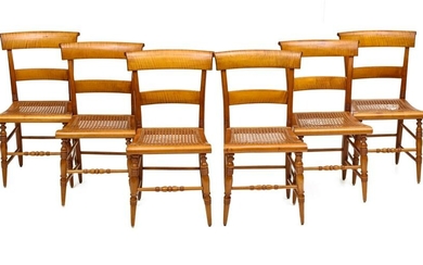 SIX 19TH C. SHERATON CURLY MAPLE CANE SEAT CHAIRS