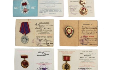 SIX RUSSIAN SOVIET MEDALS / BADGES WITH DOCUMENTS