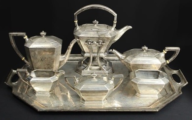 STERLING. 6 Pc Durgin Silver Tea Service and Tray