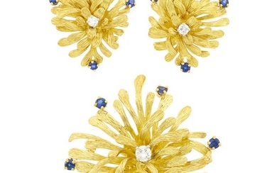 Scully & Scully Gold, Platinum, Diamond and Sapphire Flower Brooch and Pair of Earclips
