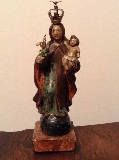 Sculpture, "Nossa Senhora do Carmo" (22cm - 9 inches) - Silver, Wood - 19th century