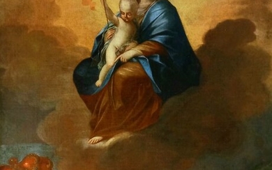 Scuola napoletana del XVIII secolo - Madonna con bambino in gloria con arme gentilizio e scena di battaglia sullo sfondo