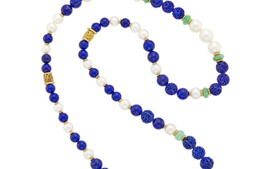 Seaman Schepps Long Carved Lapis, Jade, South Sea Cultured Pearl and Gold Necklace/Pair of of Necklaces Combination