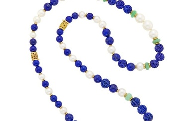 Seaman Schepps Long Carved Lapis, Jade, South Sea Cultured Pearl and Gold Necklace/Pair of of