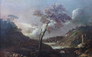 Seguace di Marco Ricci (1676/79-1729/30) - Paesaggio collinare al tramonto con figure